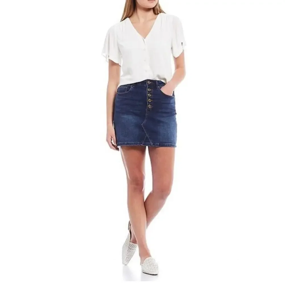 A Loves A Womens Denim Mini Skirt Sz 28 Button-Fly Dark Wash Stretch $89